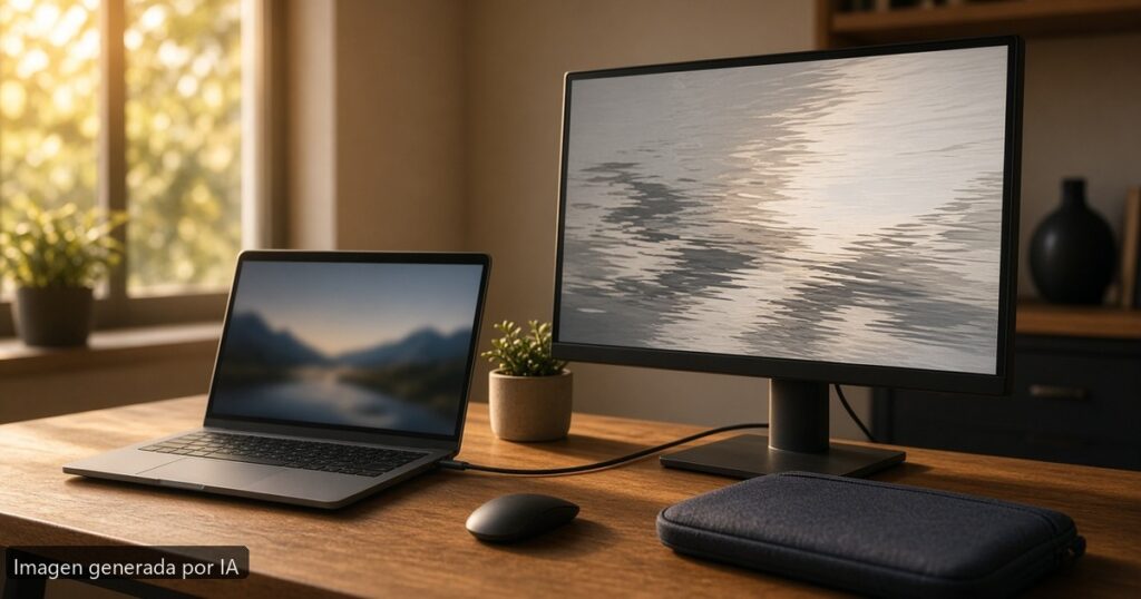 Portátil pantalla externa parpadea — escena fotográfica realista, imagen generada por IA