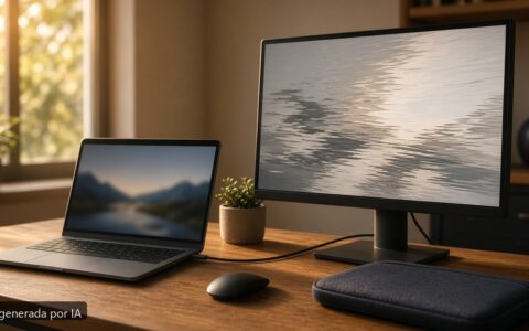 Portátil pantalla externa parpadea — escena fotográfica realista, imagen generada por IA
