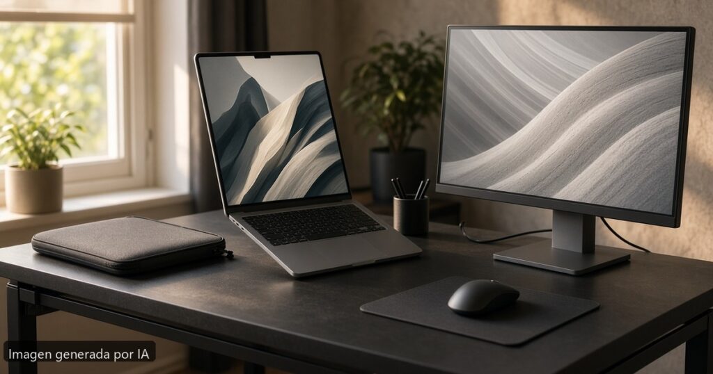 Portátil pantalla girada orientación — escena fotográfica realista, imagen generada por IA