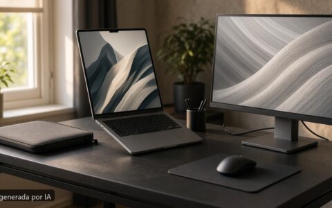 Portátil pantalla girada orientación — escena fotográfica realista, imagen generada por IA