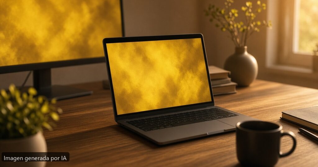 Portátil pantalla tinte amarillo — escena fotográfica realista, imagen generada por IA