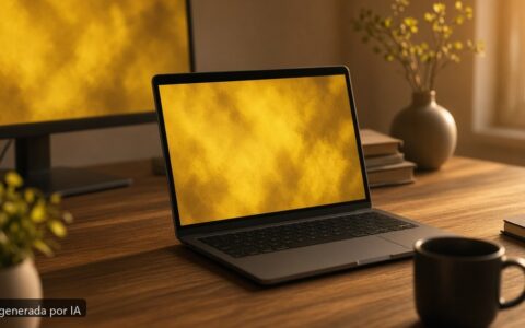 Portátil pantalla tinte amarillo — escena fotográfica realista, imagen generada por IA