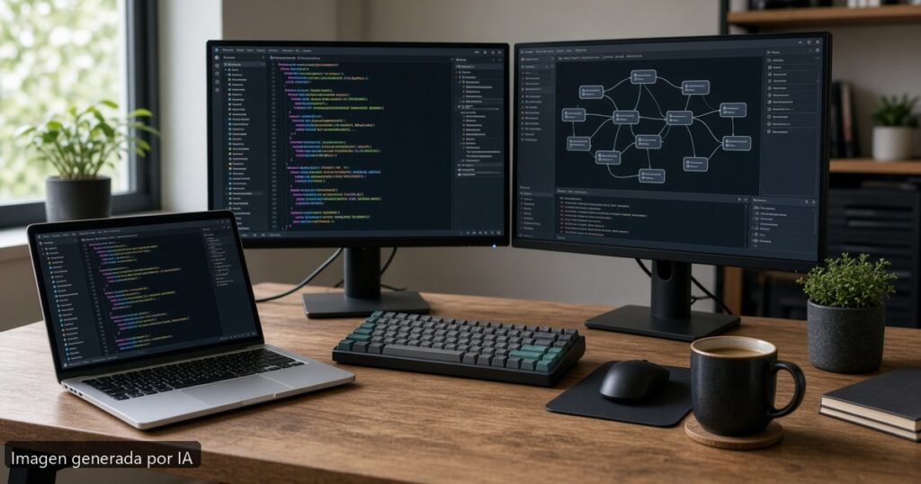 Portátil para programar con dos monitores — escena fotográfica realista, imagen generada por IA