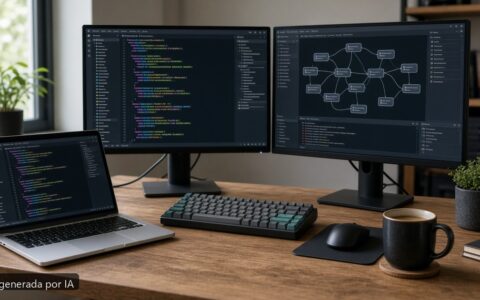 Portátil para programar con dos monitores — escena fotográfica realista, imagen generada por IA