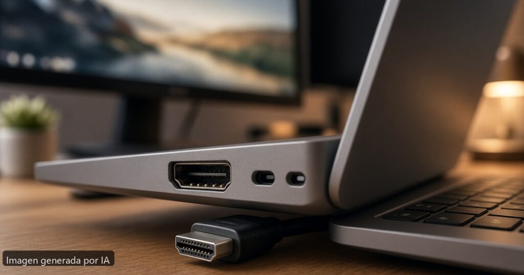Portátil puerto HDMI no funciona — escena fotográfica realista, imagen generada por IA