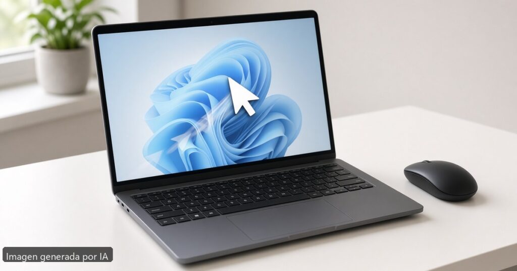 Portátil ratón salta Windows 11 — escena fotográfica realista, imagen generada por IA