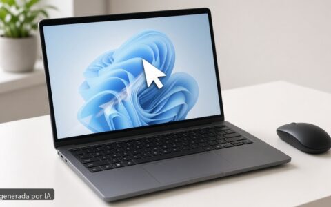 Portátil ratón salta Windows 11 — escena fotográfica realista, imagen generada por IA