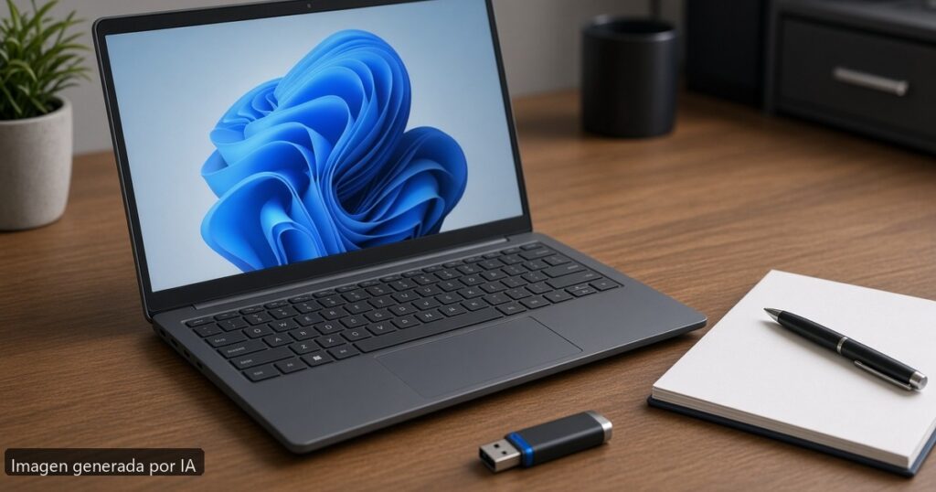 Portátil resetear fábrica Windows 11 — escena fotográfica realista, imagen generada por IA