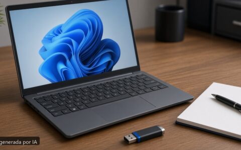 Portátil resetear fábrica Windows 11 — escena fotográfica realista, imagen generada por IA