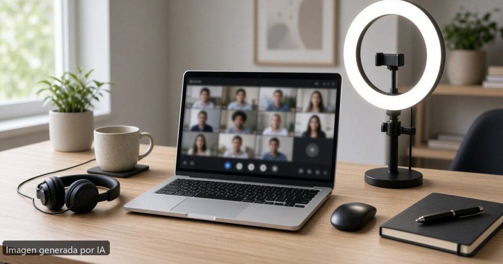Portátil reunión Teams optimizar — escena fotográfica realista, imagen generada por IA