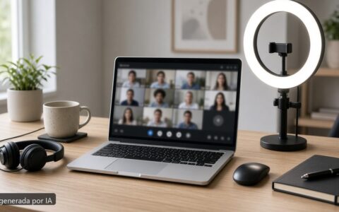 Portátil reunión Teams optimizar — escena fotográfica realista, imagen generada por IA