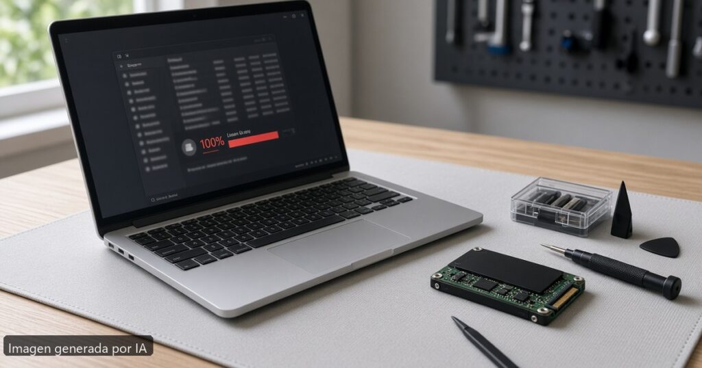 Portátil SSD al 100 por ciento — escena fotográfica realista, imagen generada por IA