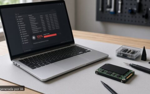Portátil SSD al 100 por ciento — escena fotográfica realista, imagen generada por IA