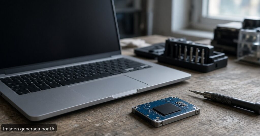 Portátil SSD desaparece BIOS — escena fotográfica realista, imagen generada por IA