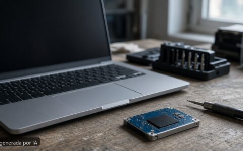 Portátil SSD desaparece BIOS — escena fotográfica realista, imagen generada por IA