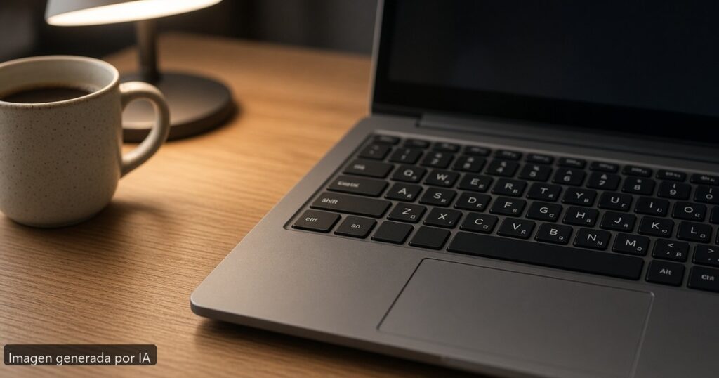Portátil teclado idioma incorrecto — escena fotográfica realista, imagen generada por IA