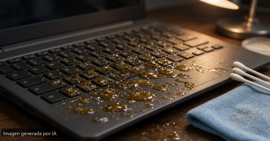 Portátil teclado pegajoso tras líquido — escena fotográfica realista, imagen generada por IA