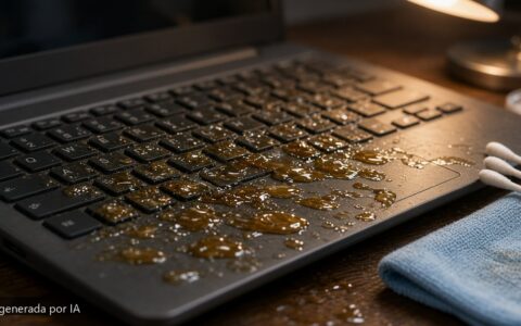 Portátil teclado pegajoso tras líquido — escena fotográfica realista, imagen generada por IA