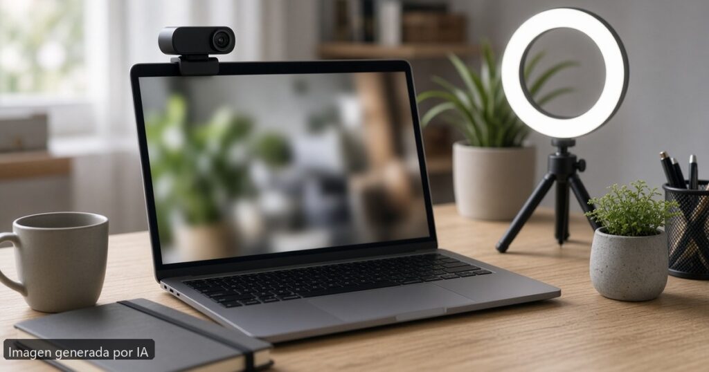 Portátil teletrabajo webcam borrosa — escena fotográfica realista, imagen generada por IA