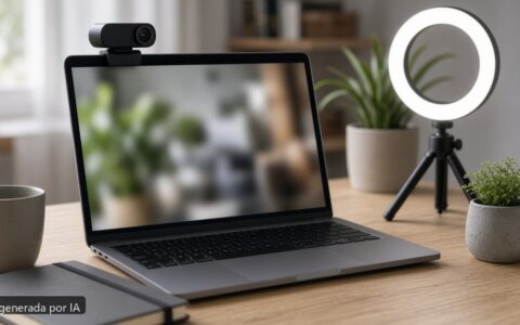 Portátil teletrabajo webcam borrosa — escena fotográfica realista, imagen generada por IA