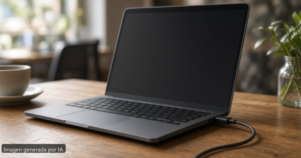 Portátil USB-C no carga — escena fotográfica realista, imagen generada por IA