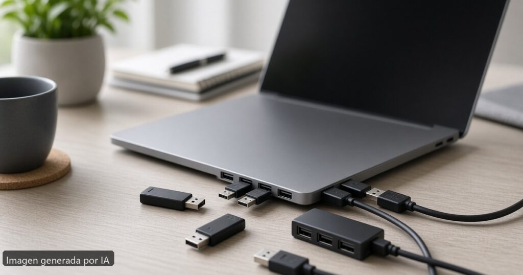 Portátil USB puertos no funcionan — escena fotográfica realista, imagen generada por IA