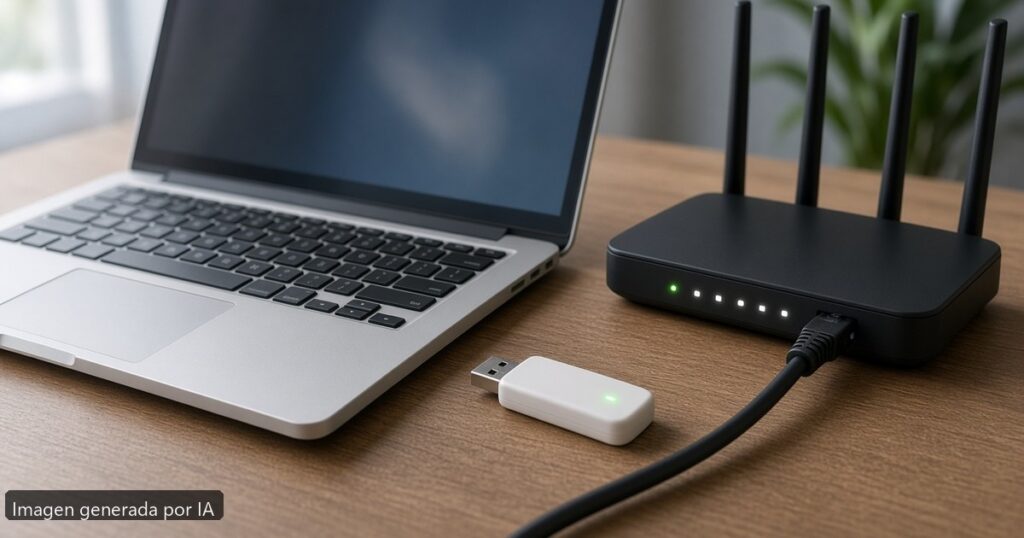 Portátil VPN rompe internet — escena fotográfica realista, imagen generada por IA