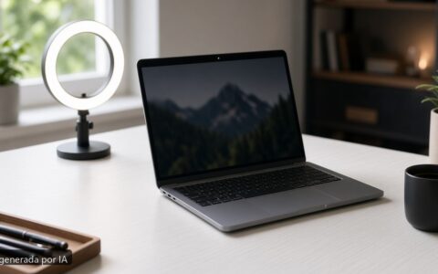 Portátil webcam luz siempre encendida — escena fotográfica realista, imagen generada por IA