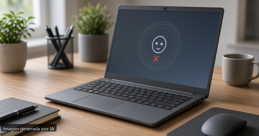 Portátil Windows Hello facial falla — escena fotográfica realista, imagen generada por IA