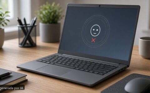 Portátil Windows Hello facial falla — escena fotográfica realista, imagen generada por IA