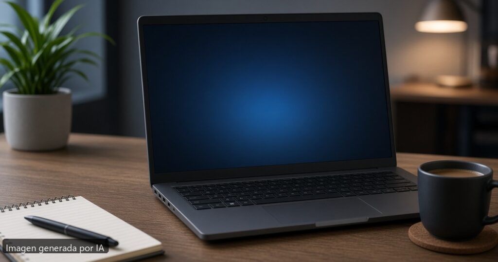 Portátil Windows Update reinicio loop — escena fotográfica realista, imagen generada por IA