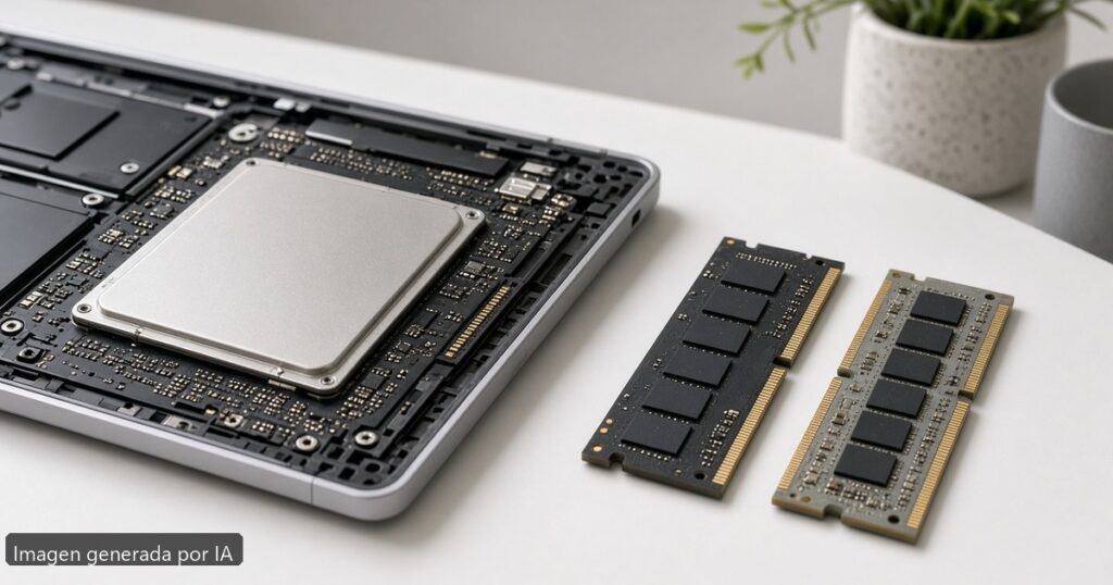RAM LPDDR5 vs DDR5 en portátil — escena fotográfica realista, imagen generada por IA