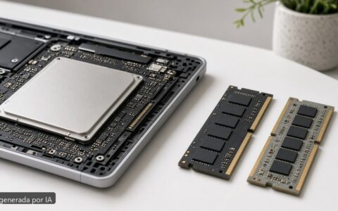 RAM LPDDR5 vs DDR5 en portátil — escena fotográfica realista, imagen generada por IA
