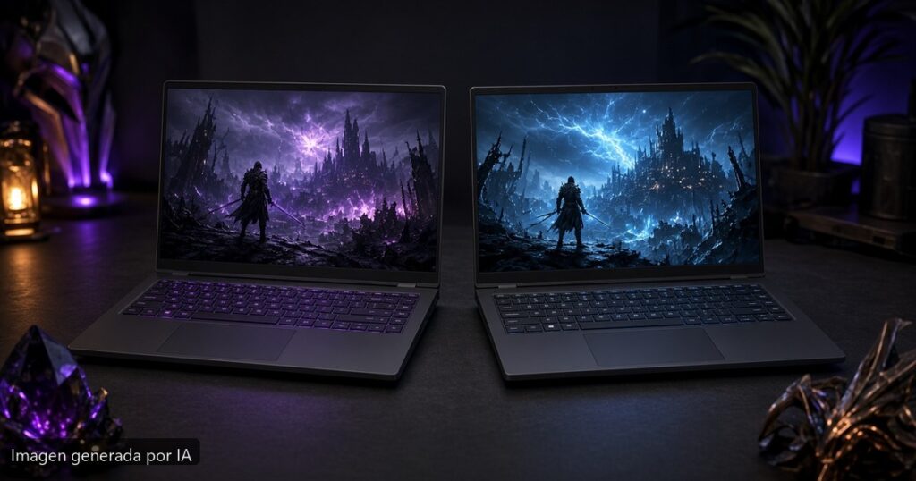 RTX 4050 vs 4060 portátil gaming — escena fotográfica realista, imagen generada por IA