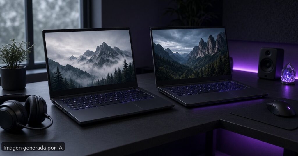 RTX 4060 vs 4070 portátil 2026 — escena fotográfica realista, imagen generada por IA