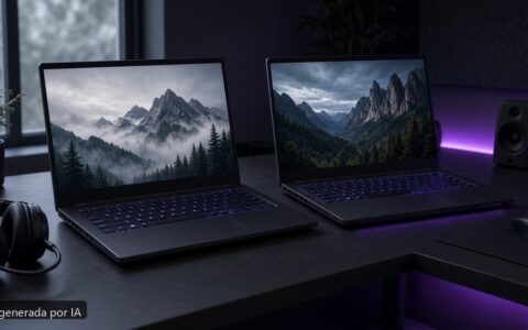 RTX 4060 vs 4070 portátil 2026 — escena fotográfica realista, imagen generada por IA