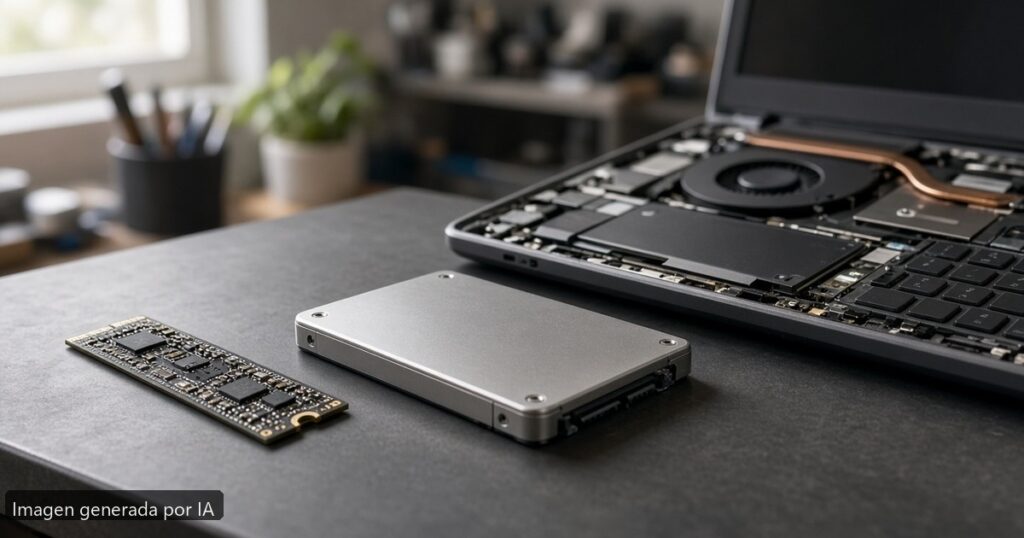 SSD NVMe vs SATA en portátil — escena fotográfica realista, imagen generada por IA