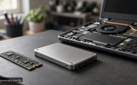 SSD NVMe vs SATA en portátil — escena fotográfica realista, imagen generada por IA