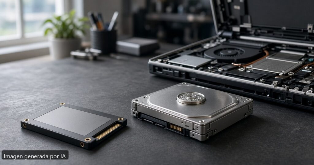 SSD vs HDD en portátil: qué elegir en 2026 — escena fotográfica realista, imagen generada por IA