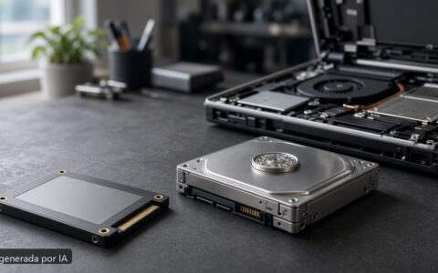 SSD vs HDD en portátil: qué elegir en 2026 — escena fotográfica realista, imagen generada por IA