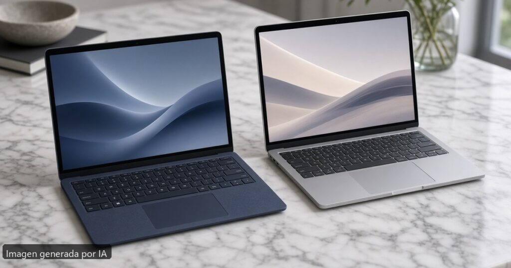 Surface Laptop vs MacBook Air — escena fotográfica realista, imagen generada por IA