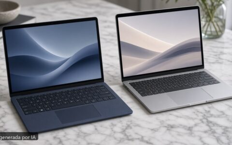 Surface Laptop vs MacBook Air — escena fotográfica realista, imagen generada por IA
