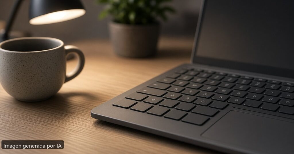 Teclado portátil programar qué buscar — escena fotográfica realista, imagen generada por IA