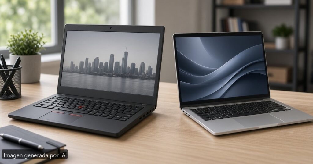 ThinkPad vs IdeaPad diferencias — escena fotográfica realista, imagen generada por IA