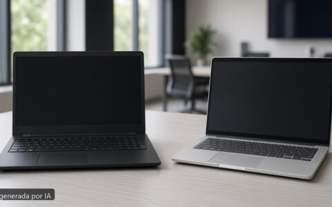Dos portátiles de empresa en mesa de reuniones — imagen generada por IA