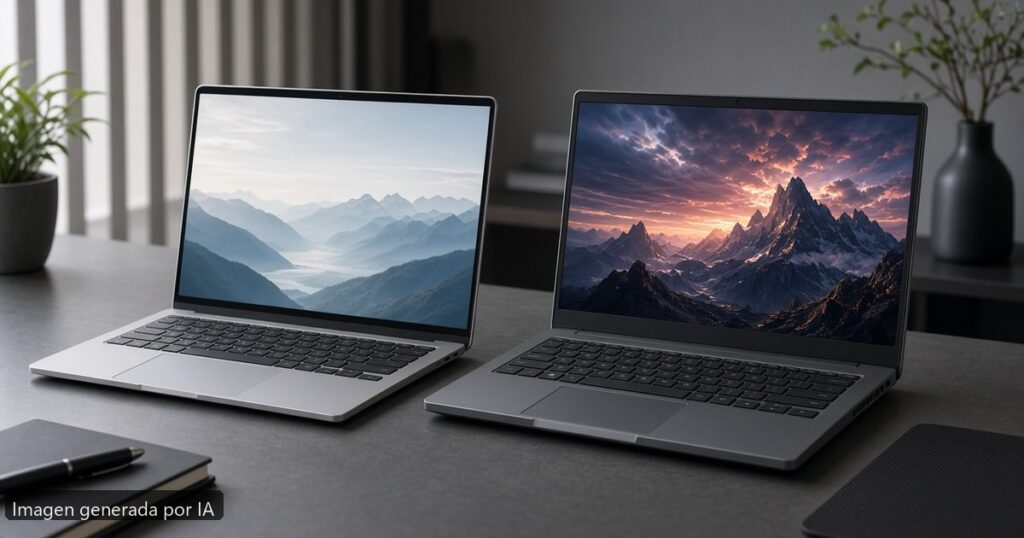 Ultrabook vs portátil gaming ligero — escena fotográfica realista, imagen generada por IA