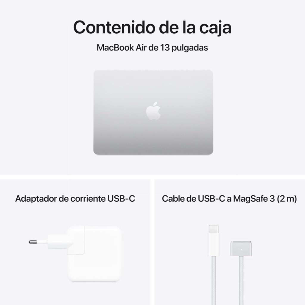 Apple MacBook Air 13 M4 16 GB — Tapa Plata, cargador USB-C y MagSafe 3