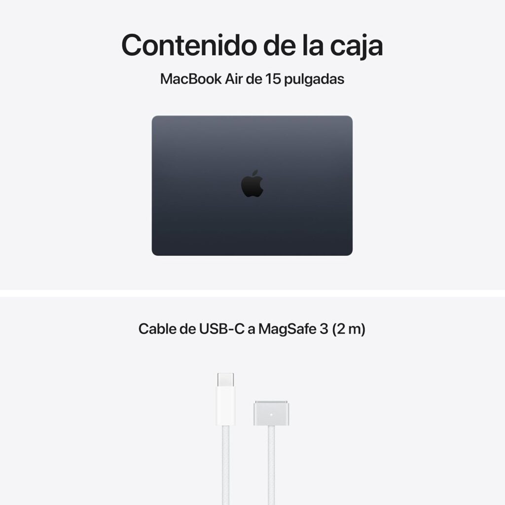Apple MacBook Air 15 M5 16 GB — Tapa Midnight y cable USB-C a MagSafe 3